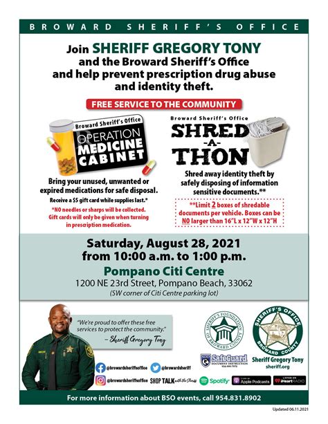 SAVE THE DATE of August 28, 2021, 10am at Pompano Citi Centre for a free, safe and easy way to dispose of information-sensitive documents and unwanted or expired medications. . Shred a thon broward 2023 schedule
